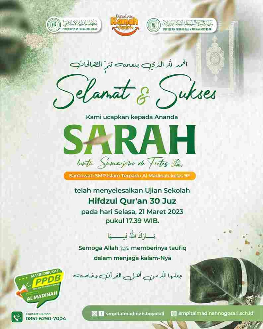 SARAH 9F telah menyelesaikan hafalan Al Quran 30 juz